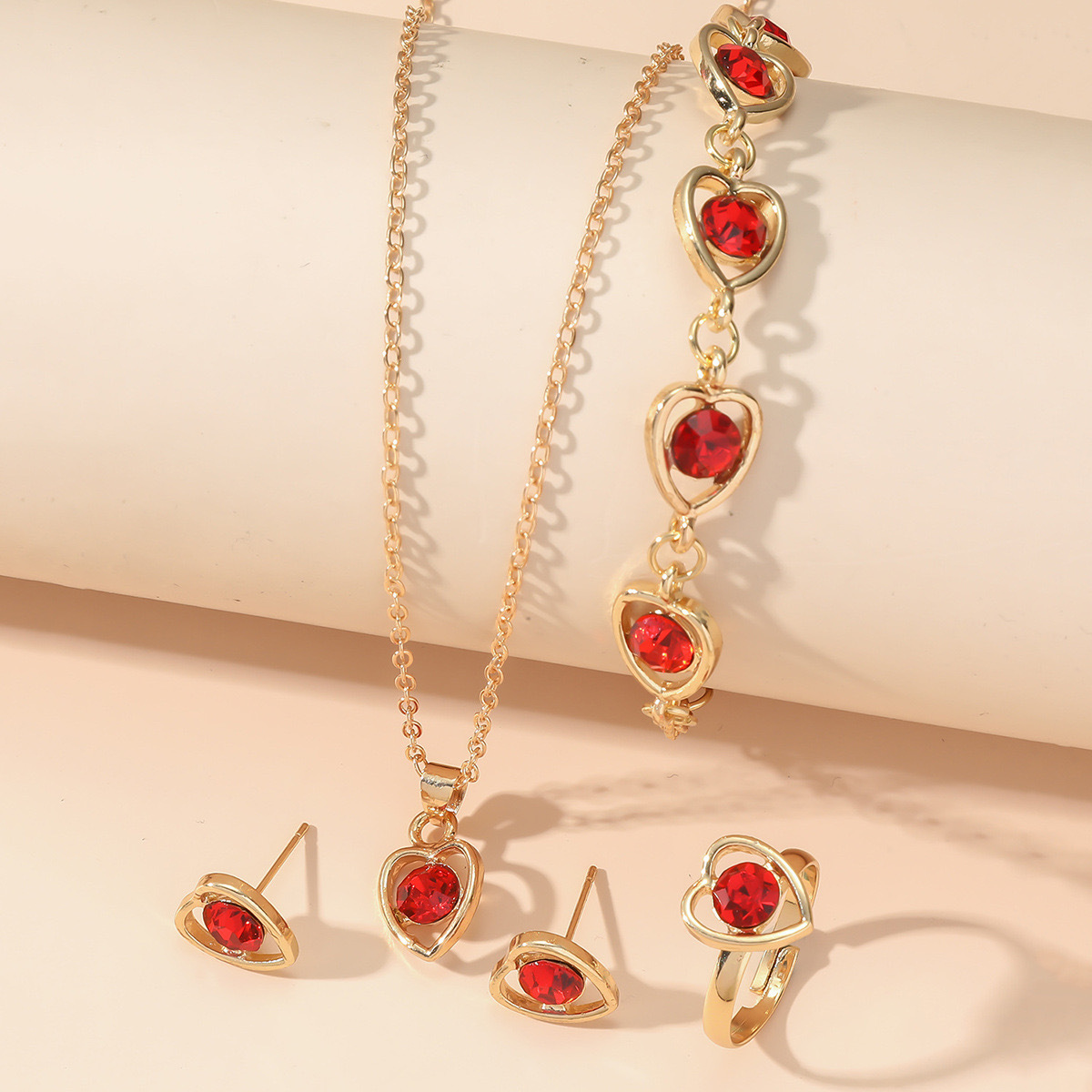 Picture of Amazon Cross-border European and American Crystal Love Jewelry Fashion Temperament Peach Heart Necklace Earrings Ring Bracelet Four-piece Set