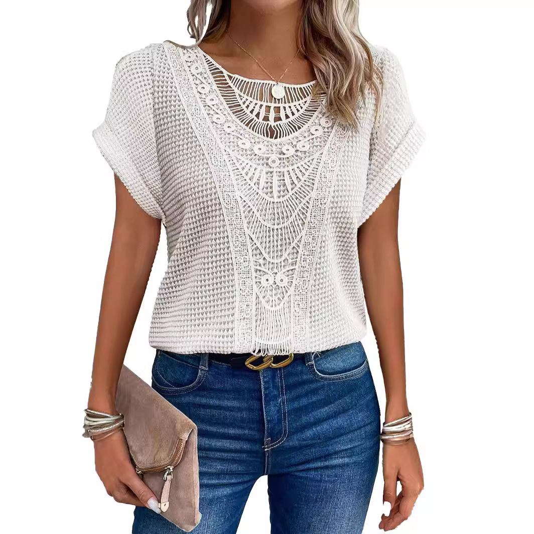 Picture of 2024 Amazon European and American spring and summer new independent stand lace stitching short-sleeved T-shirt in stock cross-border women's clothing