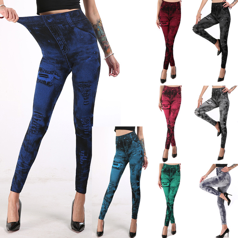 New Foreign Trade Imitation Denim Leggings Women's Cross-border Explosions Multicolor Hip Cropped Pants