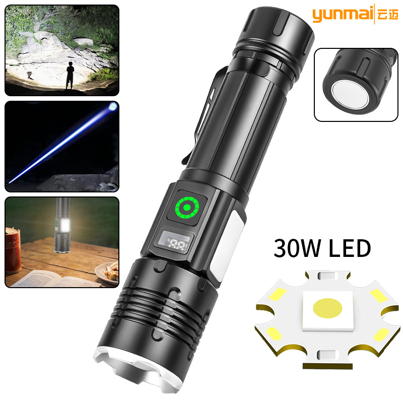 Cross-Border New Product White Laser Led Flashlight Digital Display Type-C Rechargeable Cob Side Light Red and White Light Strong Light Flashlight