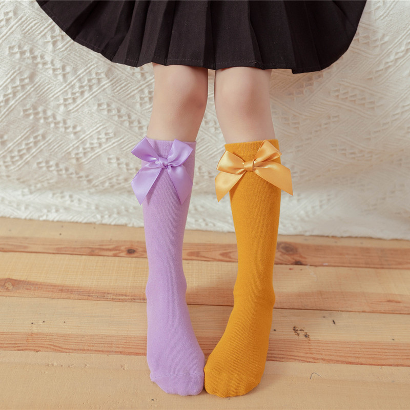 Picture of Children's Mid-Calf Socks, Solid Color Bowknot, Suitable for Both Small and Large Children, Slouch Socks That Can Be Worn Front or Back, Straight Tube, No Heel Socks for Girls