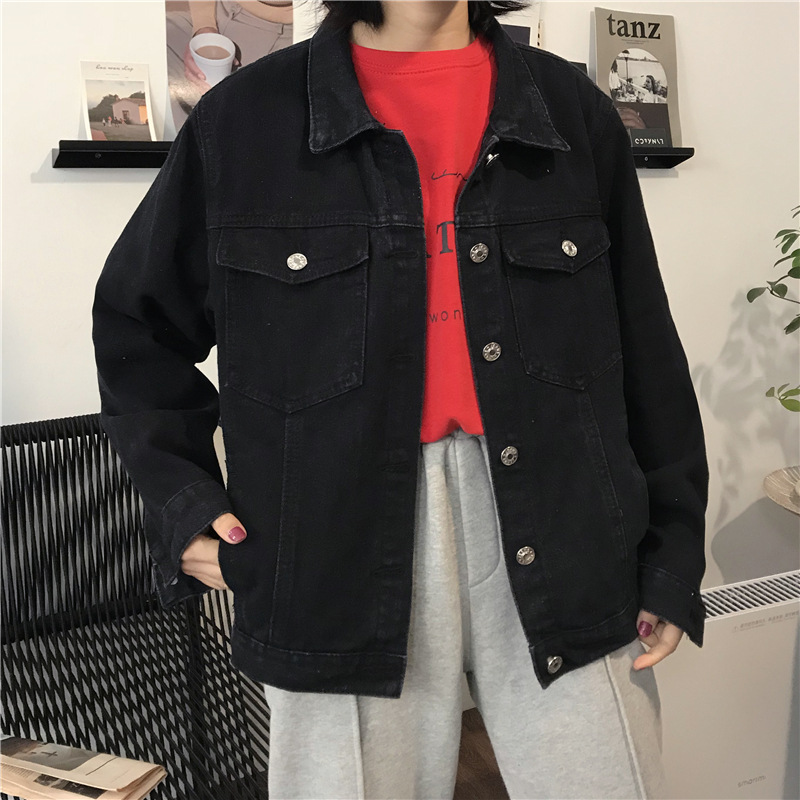 2021 Spring and Autumn New Korean style black bf loose all-matching Denim coat female B all-matching student long sleeve jacket