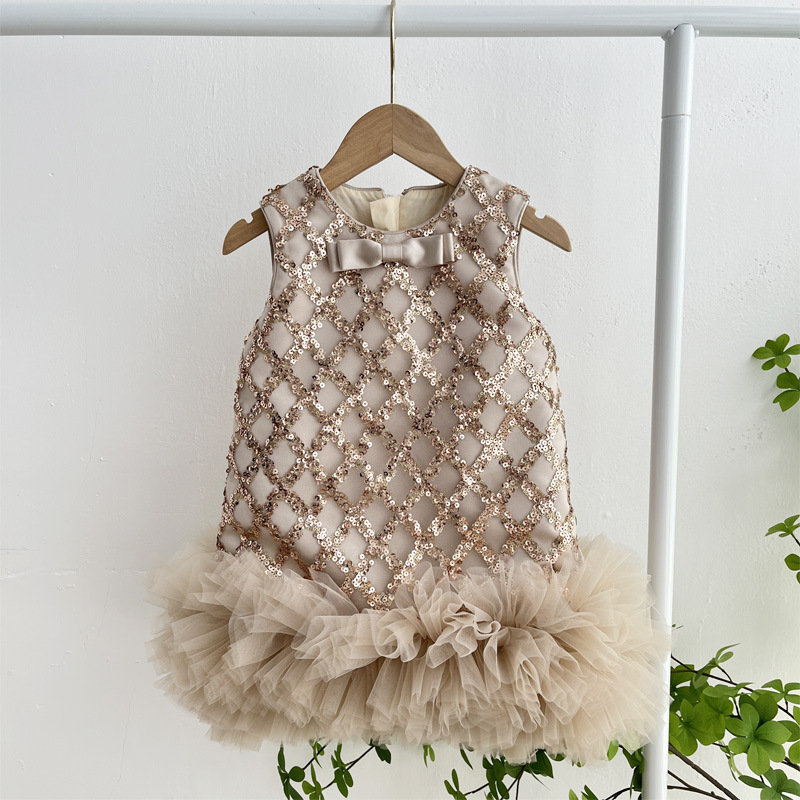 High-End Girls' Tank Top Dress, Sequined Little Girl's Performance Dress, Princess Dress, Fashionable and Playful