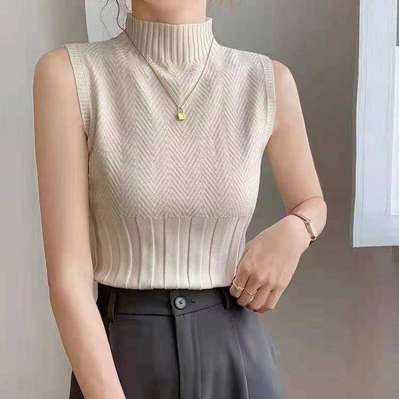 2025 New Style Camisole for Women, Spring and Autumn Slim Fit Half-High Collar Knitted Base Shirt, Sleeveless Top