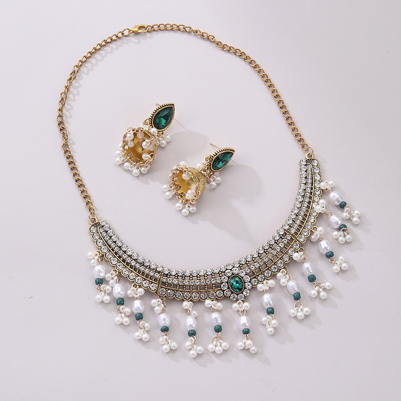 Banquet Alloy Full Diamond Pearl Bell Tassel Earrings Necklace Jewelry suit Ladies Holiday Gift