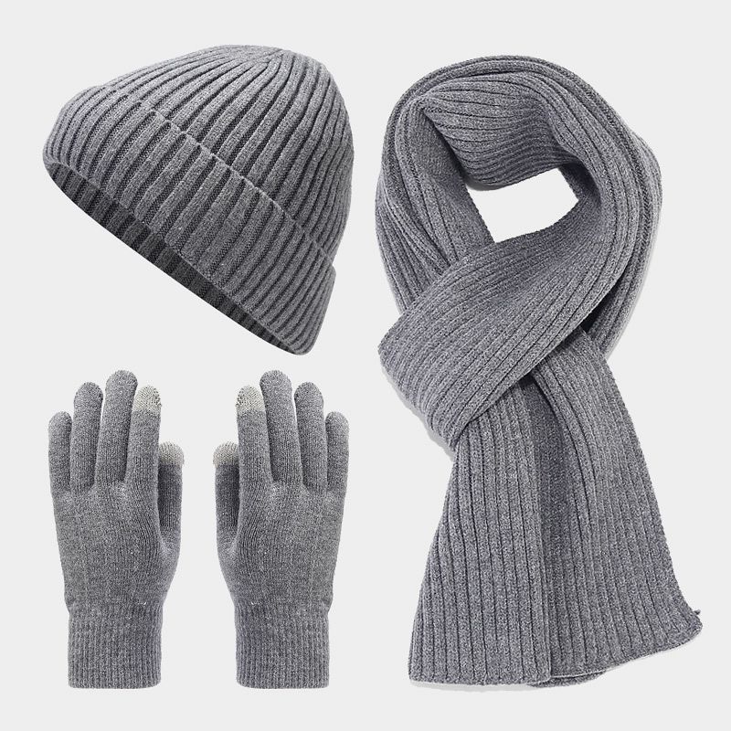 Picture of Autumn and Winter new fleece-lined warm men's hat scarf gloves cold-proof suit women's trendy thickened knitted three-piece set