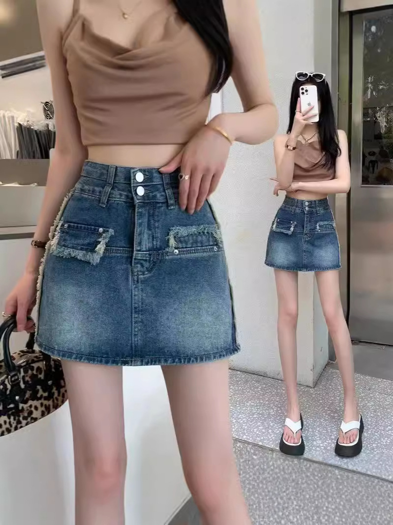 Korean-style Niche Design Denim Skirt New High Waist Slim A- line Hip Skirt with Lining All-match Skirt
