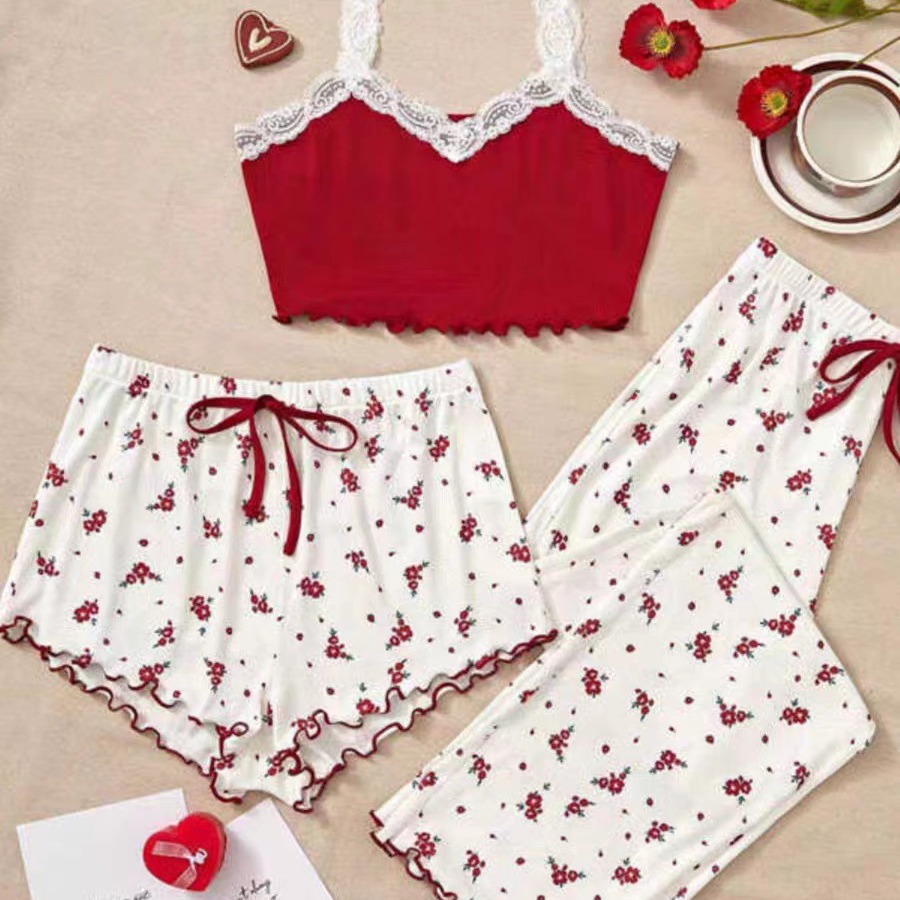 Sexy Floral Pajamas Women's Suit Summer Thin Suspender Shorts Pants Cute Home Clothes Three-Piece Set for Outer Wear Trendy