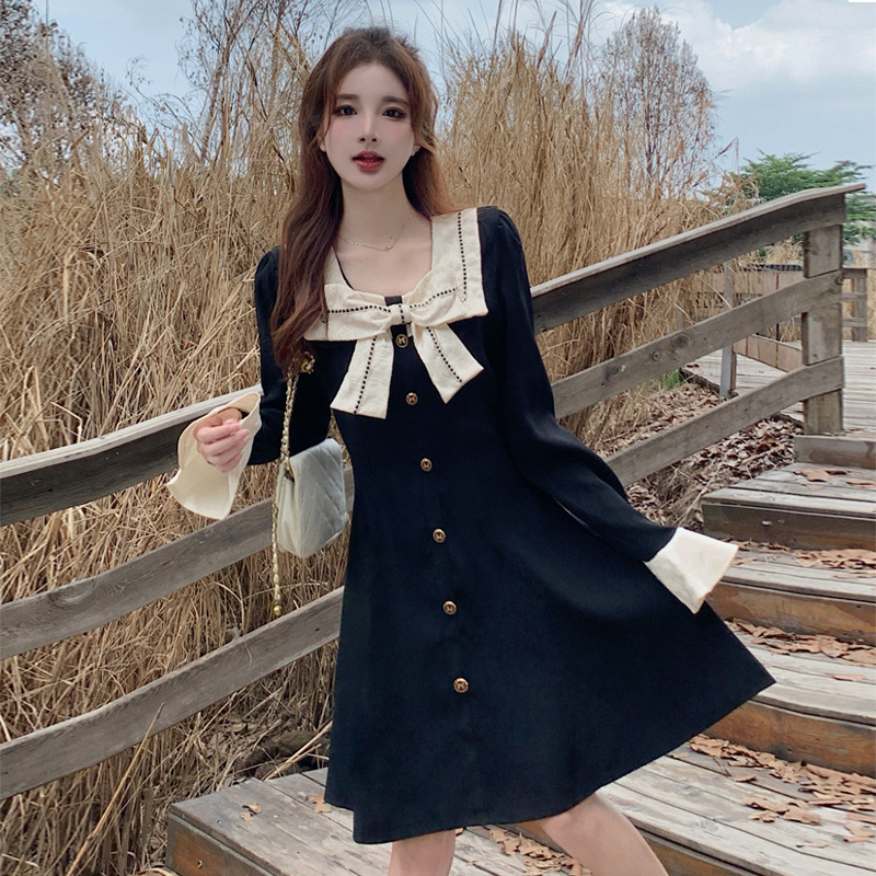 Spring and Autumn chubby girl Pear Shape High Waist French Style Bow Long Sleeve Super Slim High dress Women's Korean Style Fashion Long Skirt