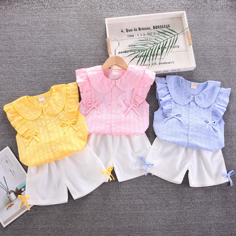 2023 Korean version of summer children's clothing new children's short sleeve suit girls T-shirt shorts two-piece set ins a consignment