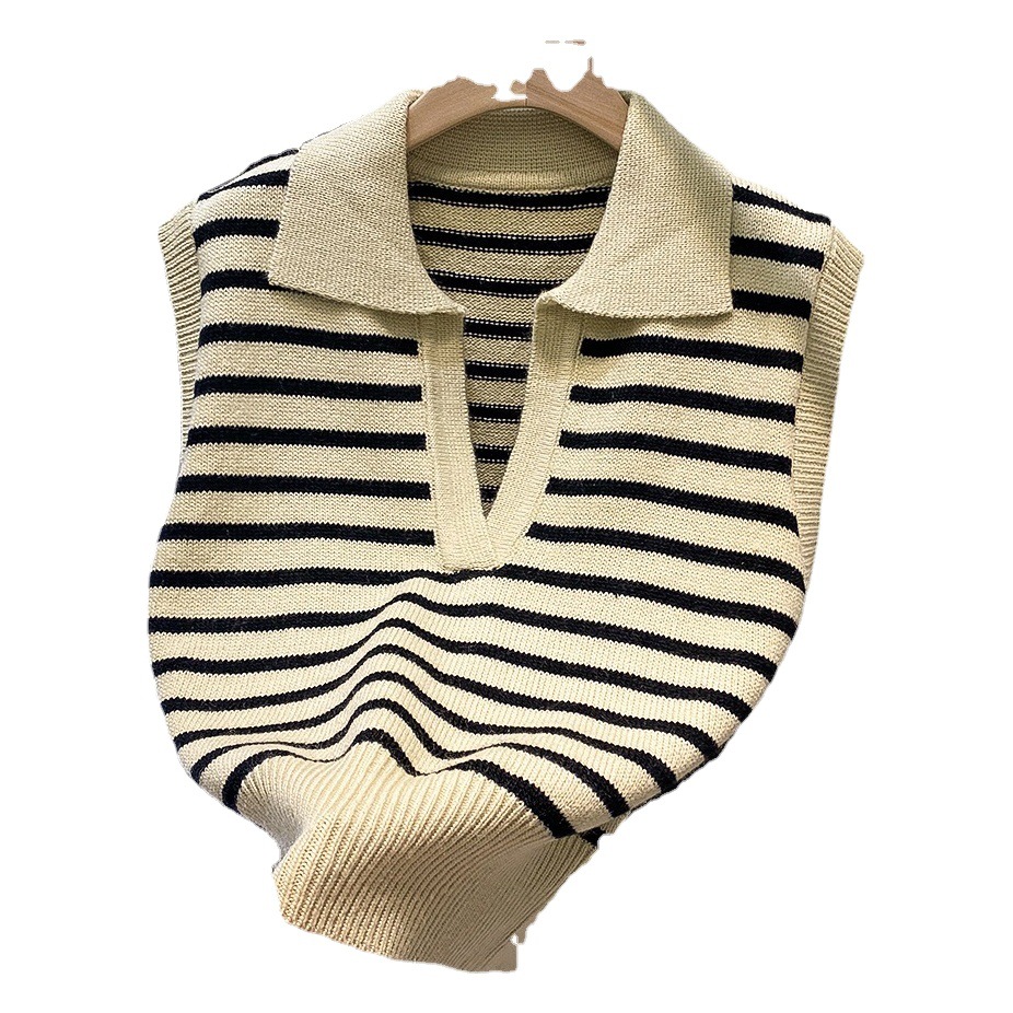 Picture of Retro Hong Kong Style Stripesd Knitted Vest for Women in Autumn and Winter New Style Lapel Sleeveless Waistcoat Vest Outer Wear