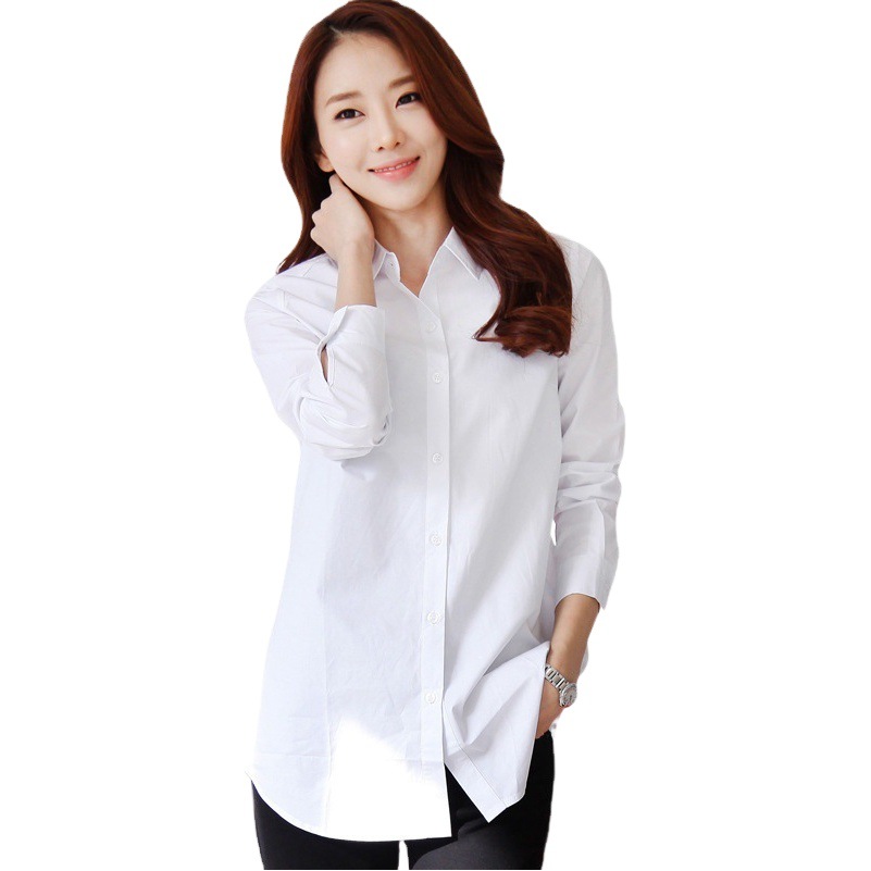 2025 Spring Autumn and Winter Women's White Shirt fleece-lined Long Sleeve Versatile Cotton plus size Loose Base Shirt Inner Shirt