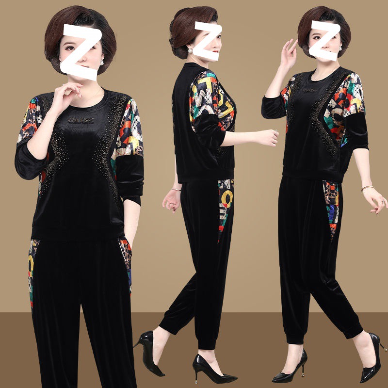 Wide Lady gold velvet sportswear suit 2023 new western style middle-aged and elderly women's clothing spring and autumn mother's clothes two-piece suit