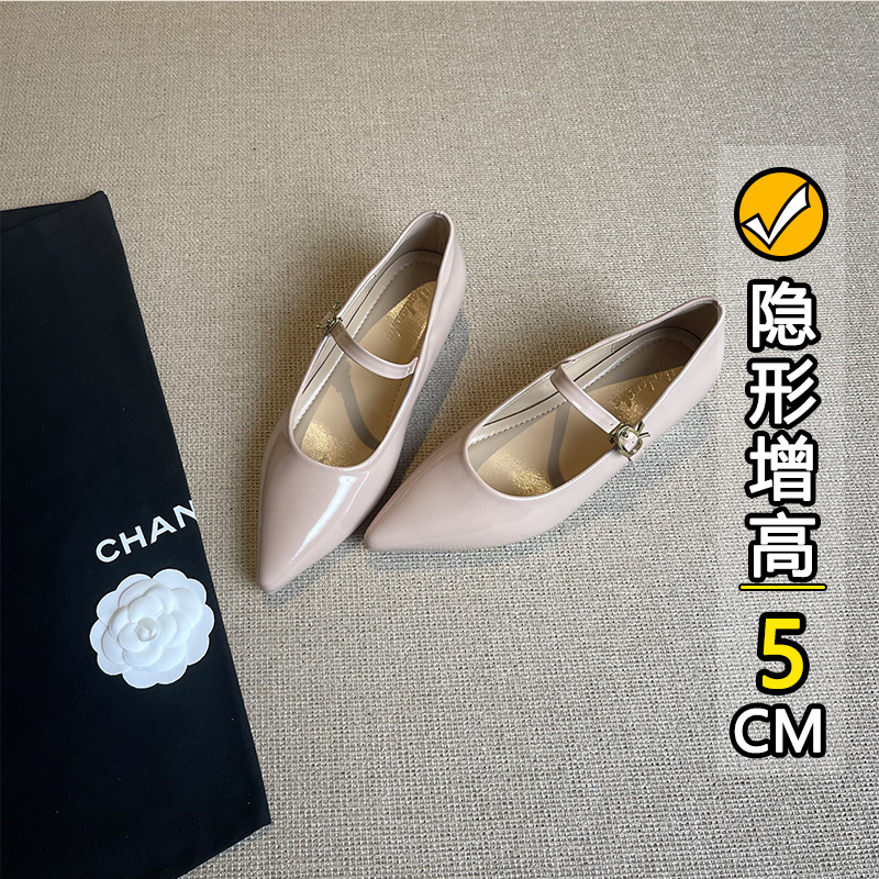 Nude Pointed Toe Height-Increasing 5cm Single Strap Color-Blocked Metal Mary Jane Evening Style Elegant Slimming Women's Shoes