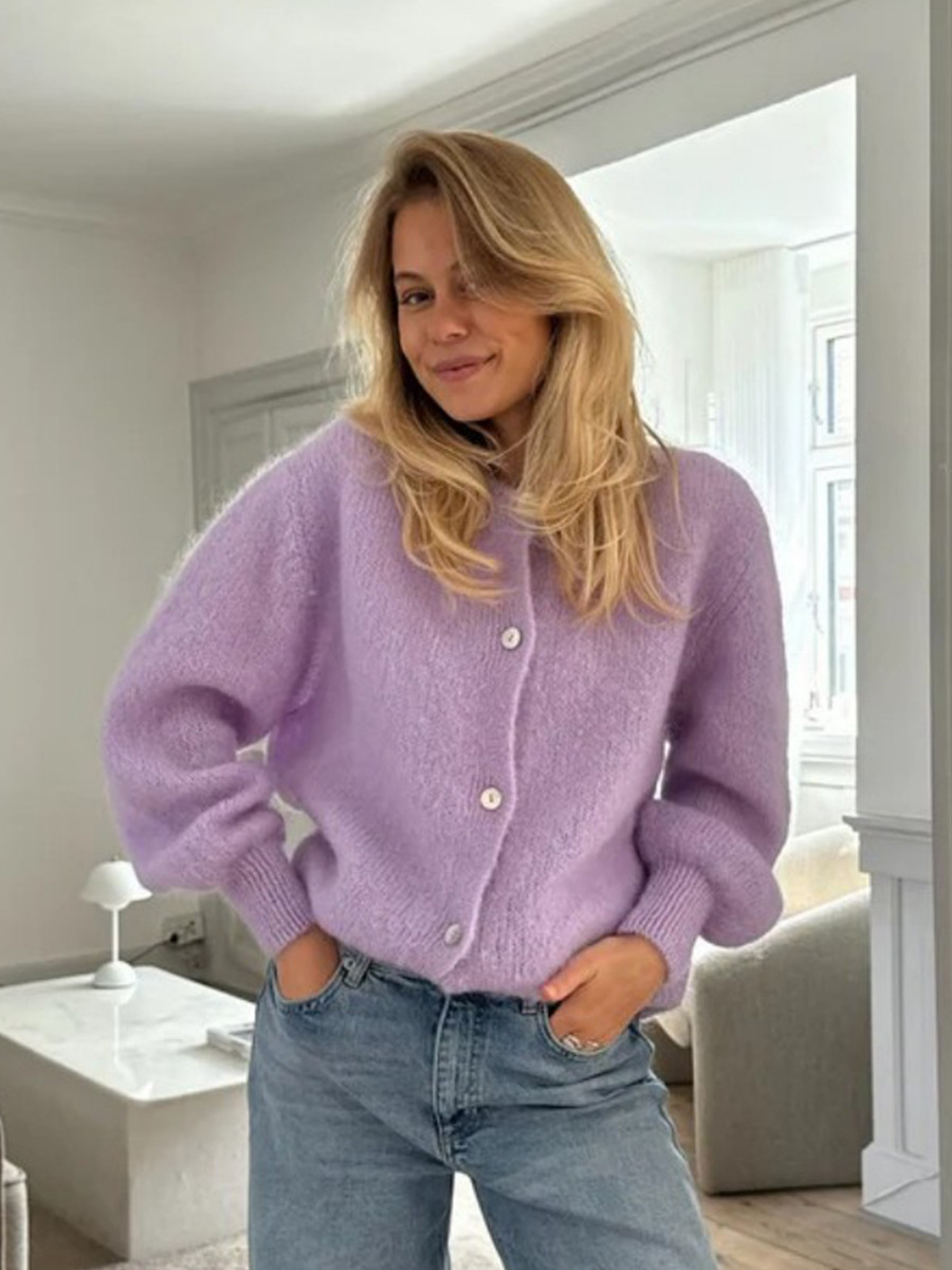 Picture of Candy-colored knit cardigan for women, European & American 2025 autumn/winter solid mohair cardigan, macaron-colored sweater for women