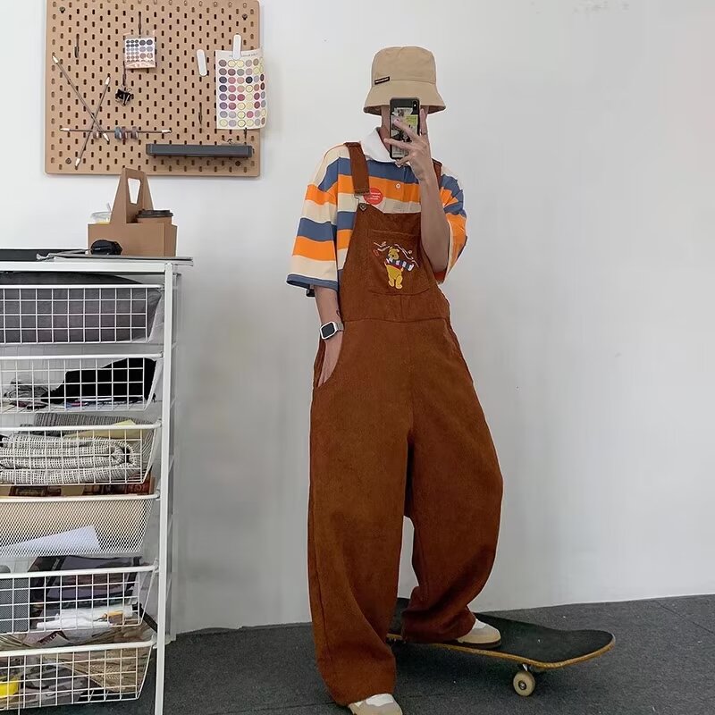 Cross-border American Retro khaki Overalls Couple's Japanese Loose Neutral Straight Pants Bear Jumpsuit