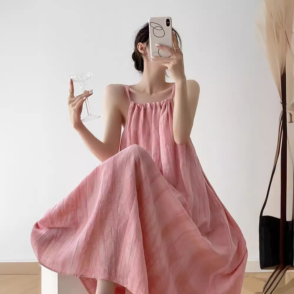 Dopamine Pink Smudged Suspender Dress for Women Summer Slimming Elegant Large Swing Skirt Beach Vacation Sleeveless Long Skirt