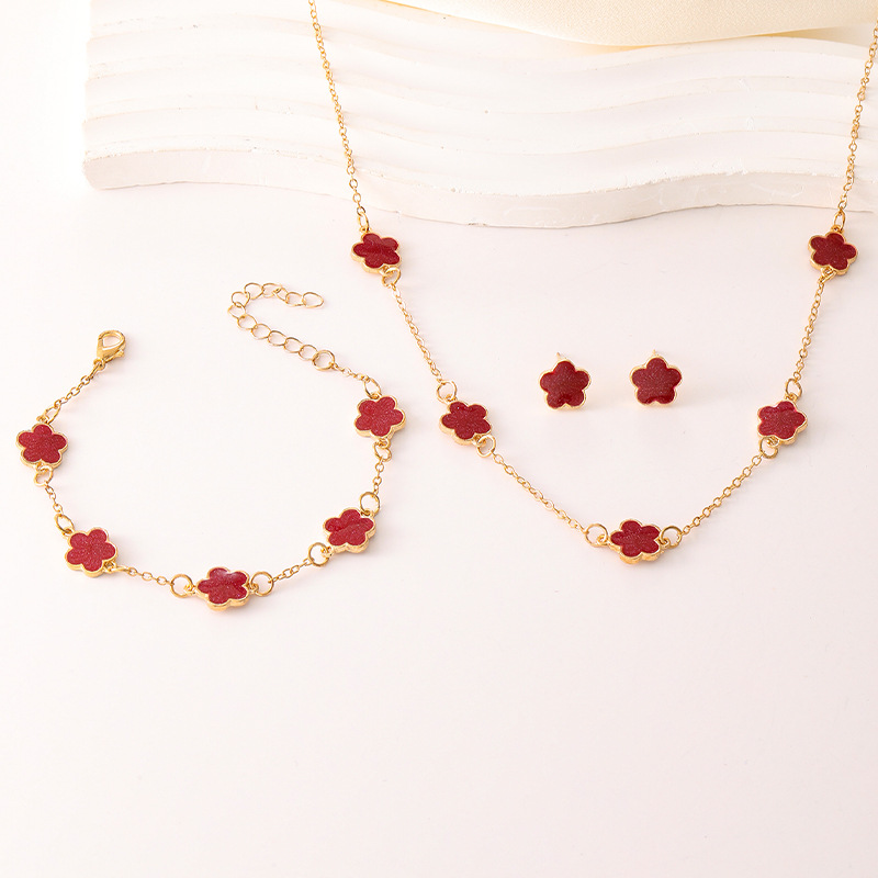 Picture of Cross-Border Hot-Selling Lucky Flower Jewelry Set for Women Xiyin Temu New Five-Leaf Clover Necklace Bracelet Earrings 3-Piece Set