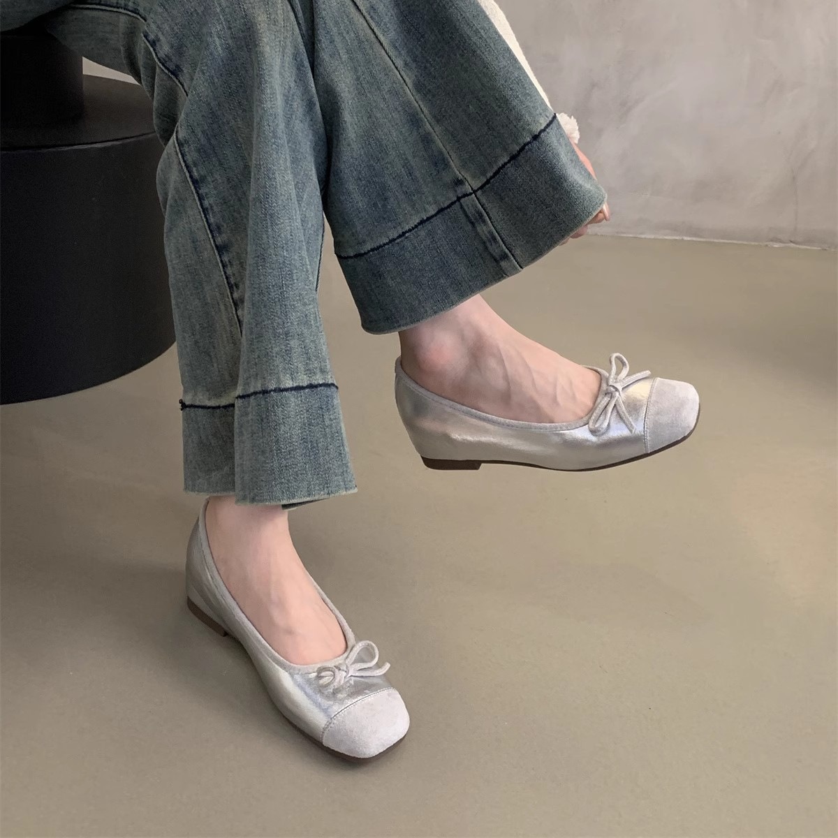 2024 Summer New Style Single-layer Shoes Women's Inner Height Increasing French Bow Gentle Fairy Height Increasing Square Head Slip-on Single-layer Shoes