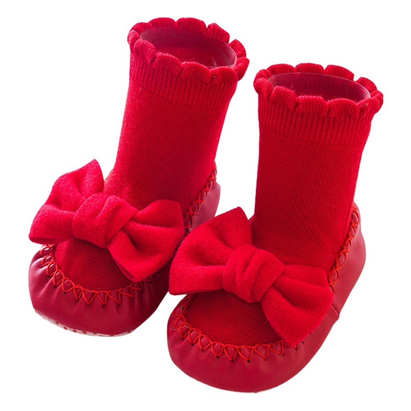 Baby socks spring and autumn girls' baby floor socks non-slip cold-proof toddler shoes indoor mid-calf bow Princess