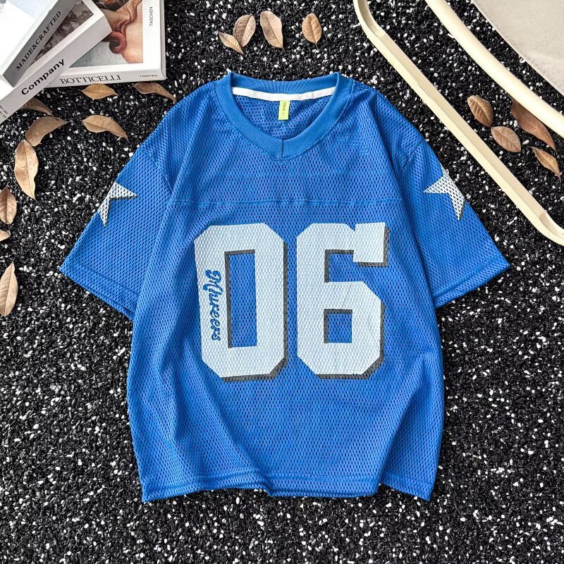 Trendy American Hip-Hop Jersey V-Neck Large-Profile Breathable Mesh Short-Sleeved T-Shirt for Men and Women Summer Cut Out Loose Top