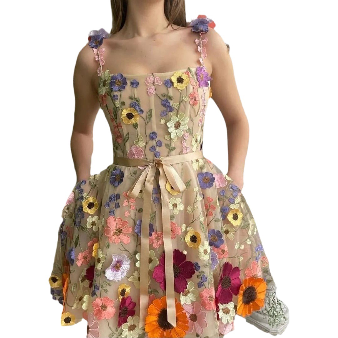 2025 New European and American Cross-Border Amazon Independent Station Women's Stereo Flower Embroider Hip-Covering Sexy Dress