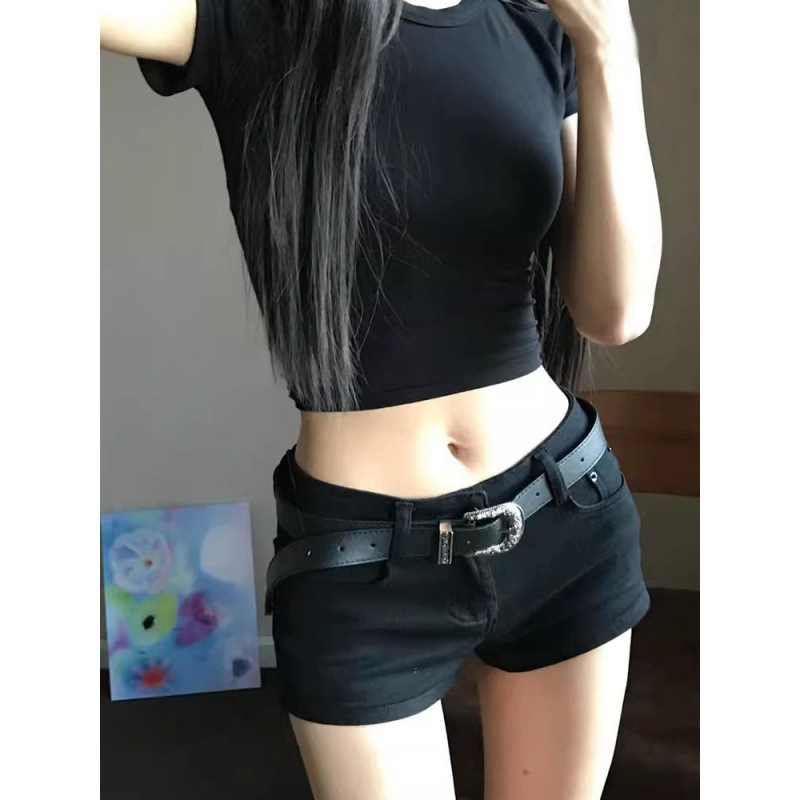 Black Low Waist Denim Shorts Tight Women's Summer Hip Hot Pants American Style Hot Girl Stretch Pants Short Slim-fit Trendy