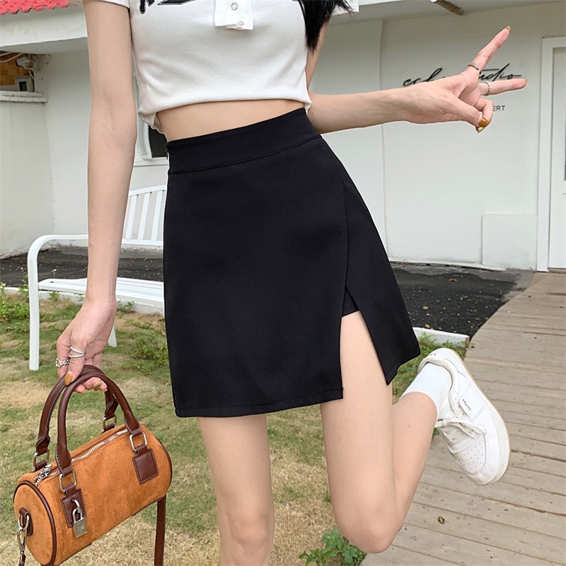 Black Split A- Line Skirt Women's Summer New High Waist Slimming Suit Skirt Small Irregular Pants Skirt