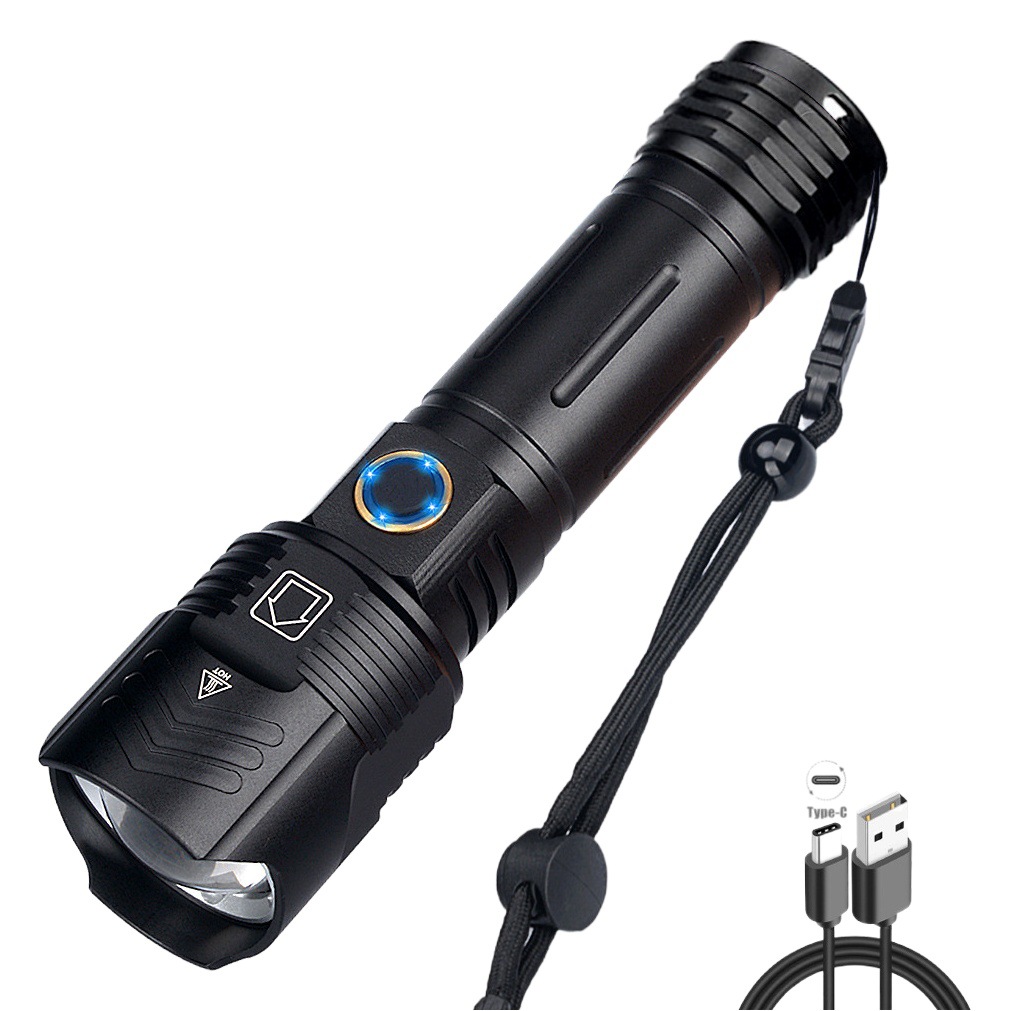 Cross-border new P160 LED flashlight USB-C charging high-power power display telescopic focusing flashlight