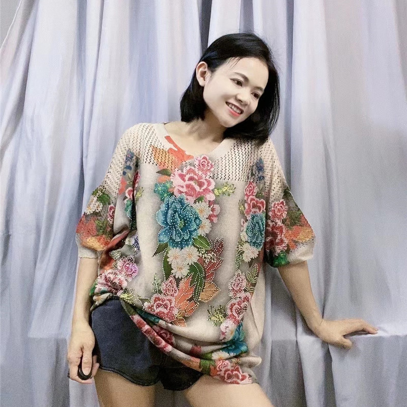 Picture of Tencel Cotton and Linen Hot Drilling T-Shirt Women's 2023 Summer New plus size 3D Mesh Printed Loose Slimming Top