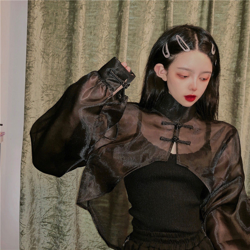 Thin Mesh See-Through Outerwear for Women, Versatile Slimming Sun Protection Button-Up Long-Sleeve Jacket, Trendy Literary Retro Style
