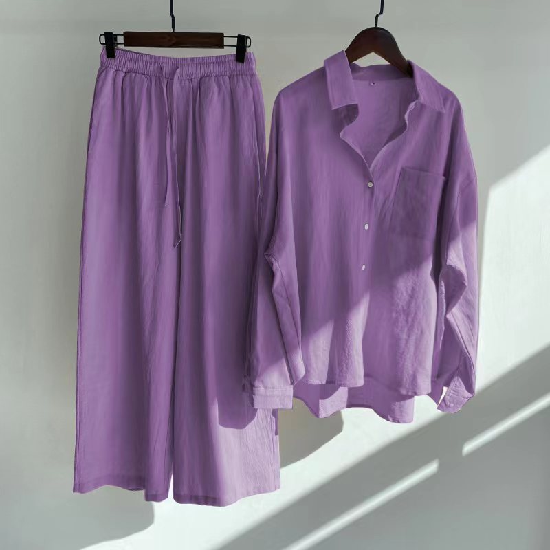 Picture of Cross-border Amazon Women's 2-piece Vintage Plus Size 2022 Cotton and Linen Shirt suit High Waist Loose Trousers