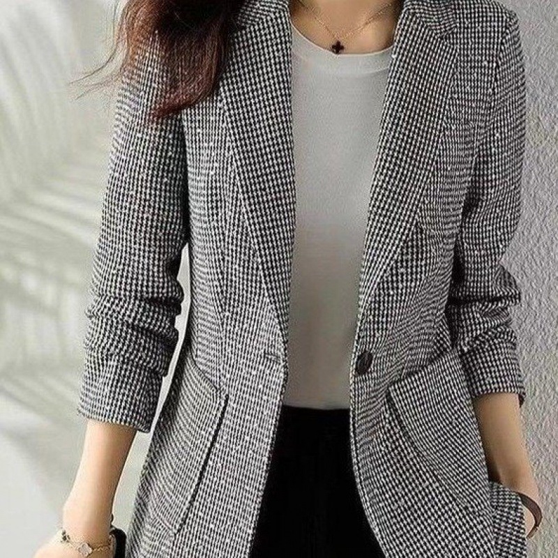 Houndstooth Small Suit Jacket for Women 2024 Spring, Autumn and Winter New Casual Middle-Aged Mother's Wear Plaid Suit Top