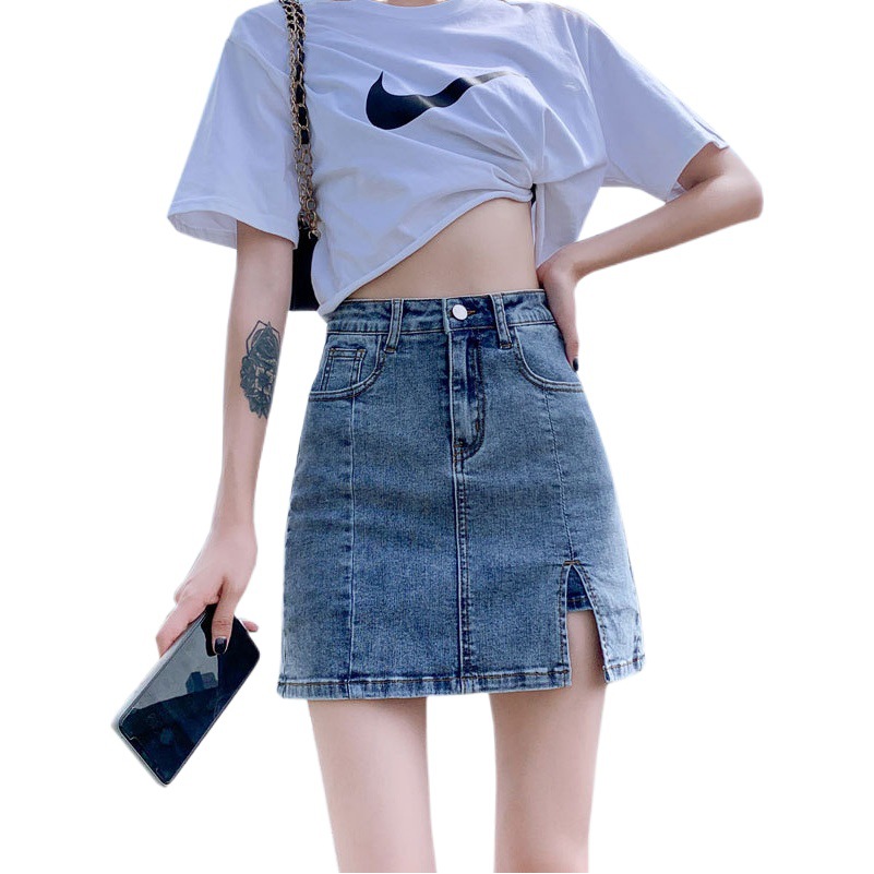 Elastic split Denim short skirt women's summer ins thin small retro anti-exposure sheath a-line skirt
