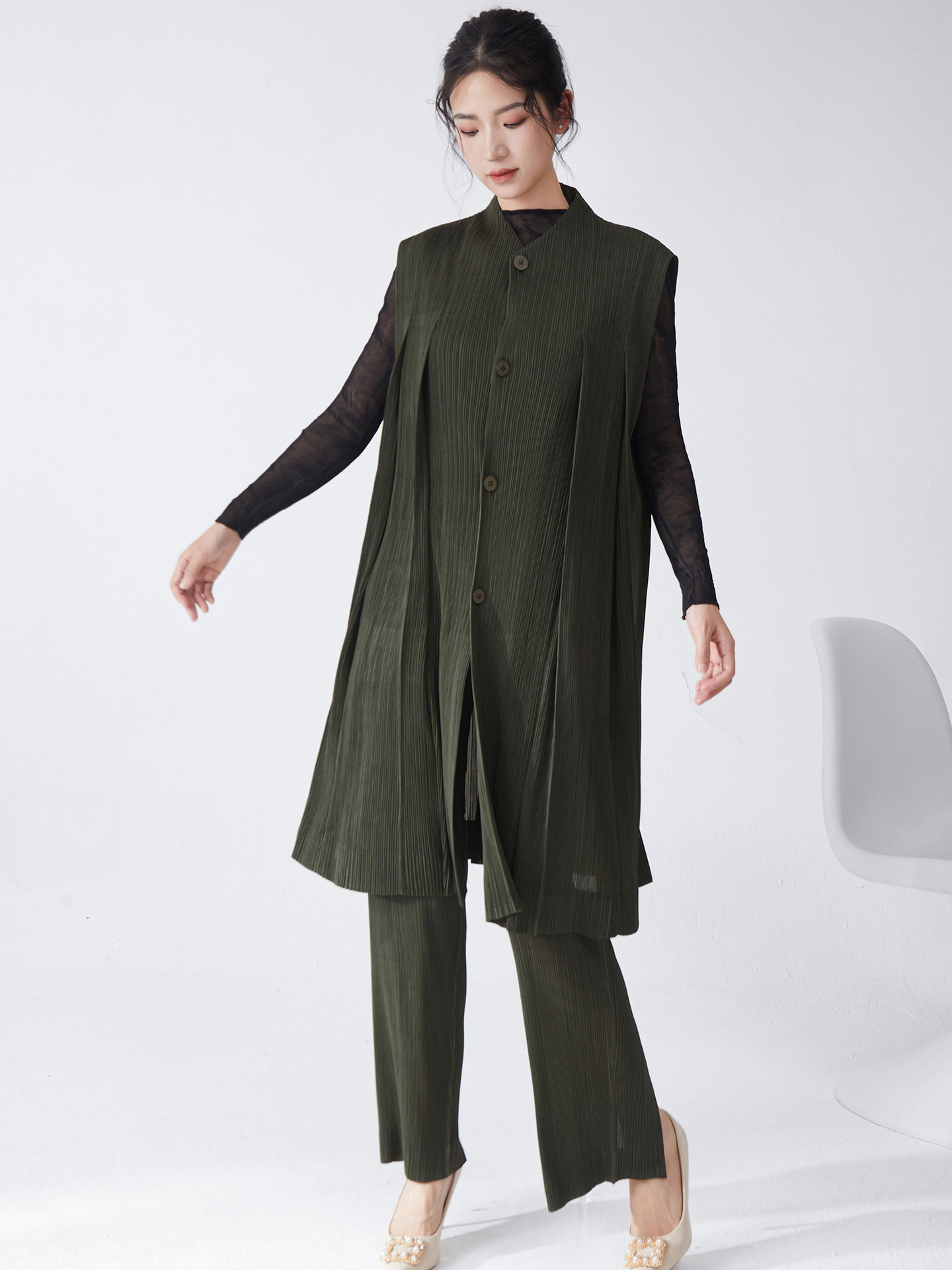 Miyake suit Women's High-end Professional Commuting All-match Mid-length Vest Cardigan Jacket Straight Pants Two-piece Set