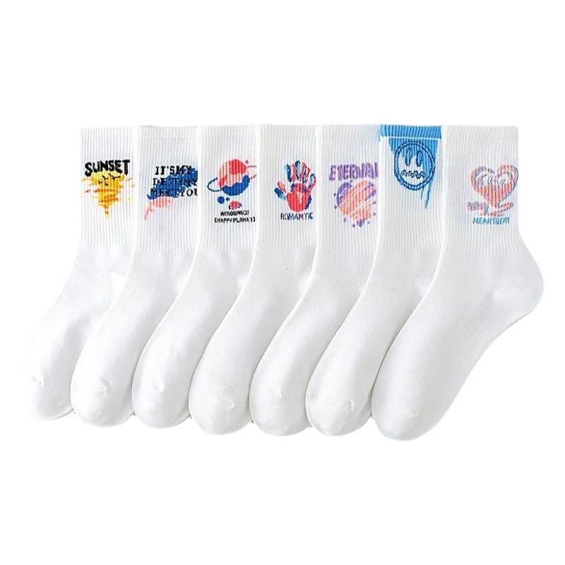 Popular Socks Women Korean Style Mid-length Socks ins Trendy All-match Graffiti Students Wholesale Stockings Women Sports Socks