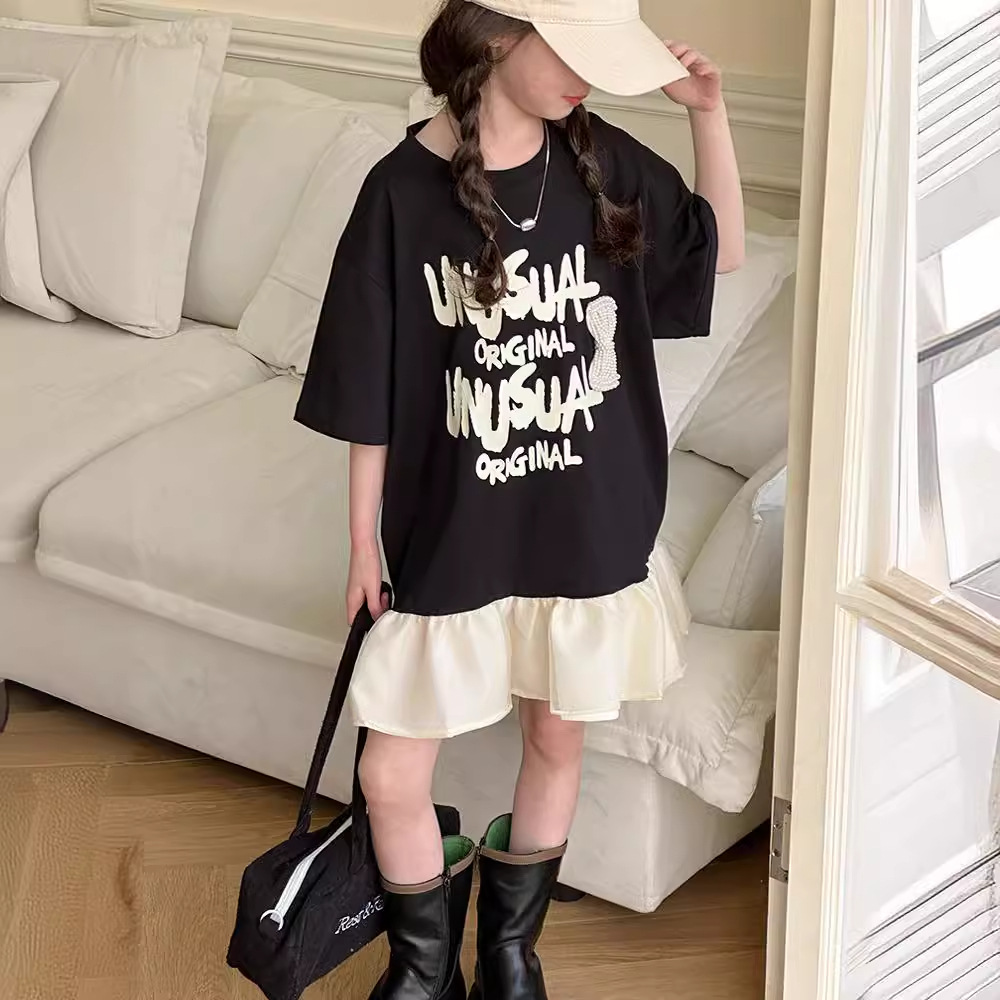 Picture of 2024 New Girls' Summer T-shirt Dress Western Style Mid-Big Children's Letter Printed Short-Sleeved Ruffled Stitching Dress