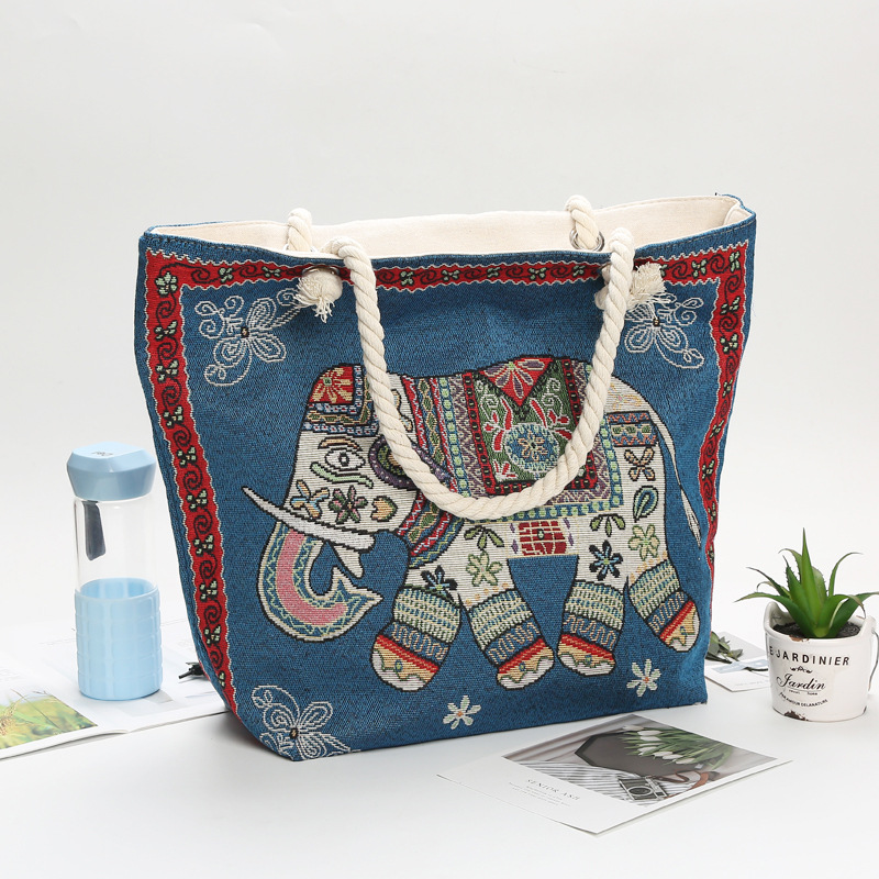 Picture of Ethnic Style Characteristic Elephant Double-Sided Gold Jacquard Embroidered Canvas Bag Xishuangbanna Large Capacity Tote Bag with Zipper
