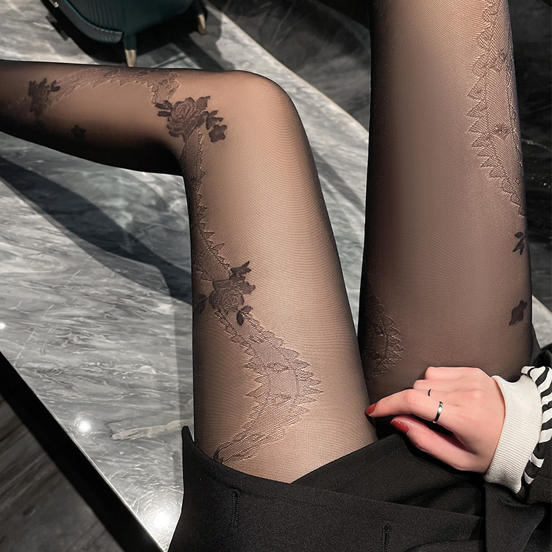 Japanese-Style Black Rose Vine Lace Pantyhose Stockings Slimming Leg Socks for Women Butt-Lifting Shaping