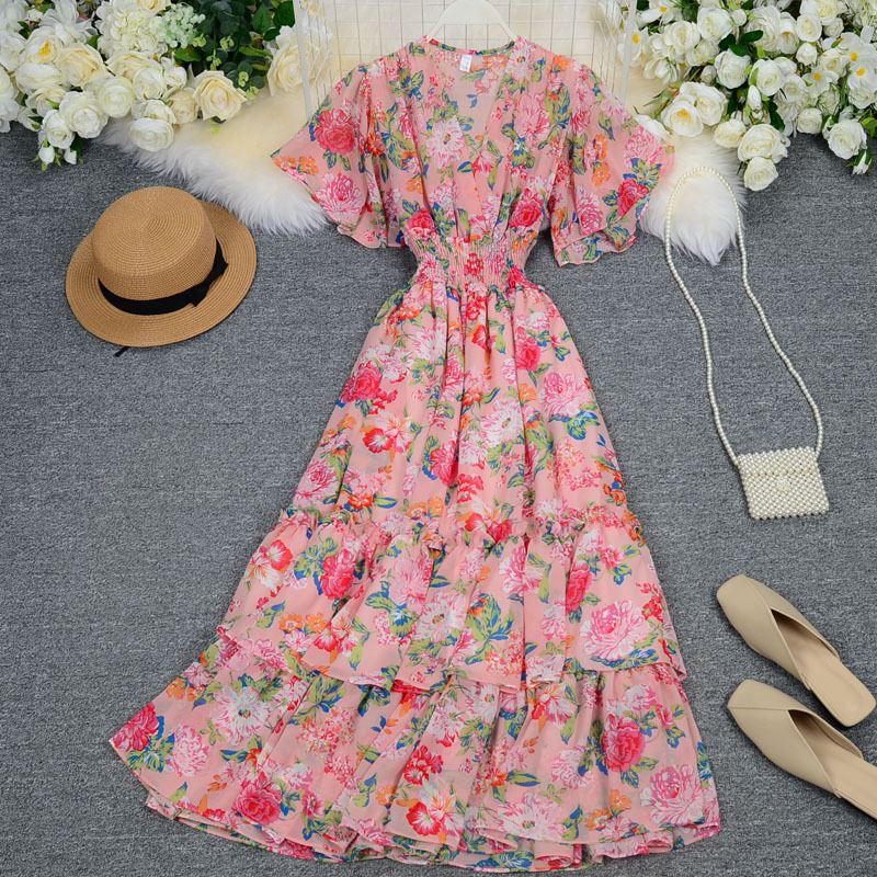Beautiful Dress V-Neck Ruffle High Waist Floral Bohemian Vacation Dress