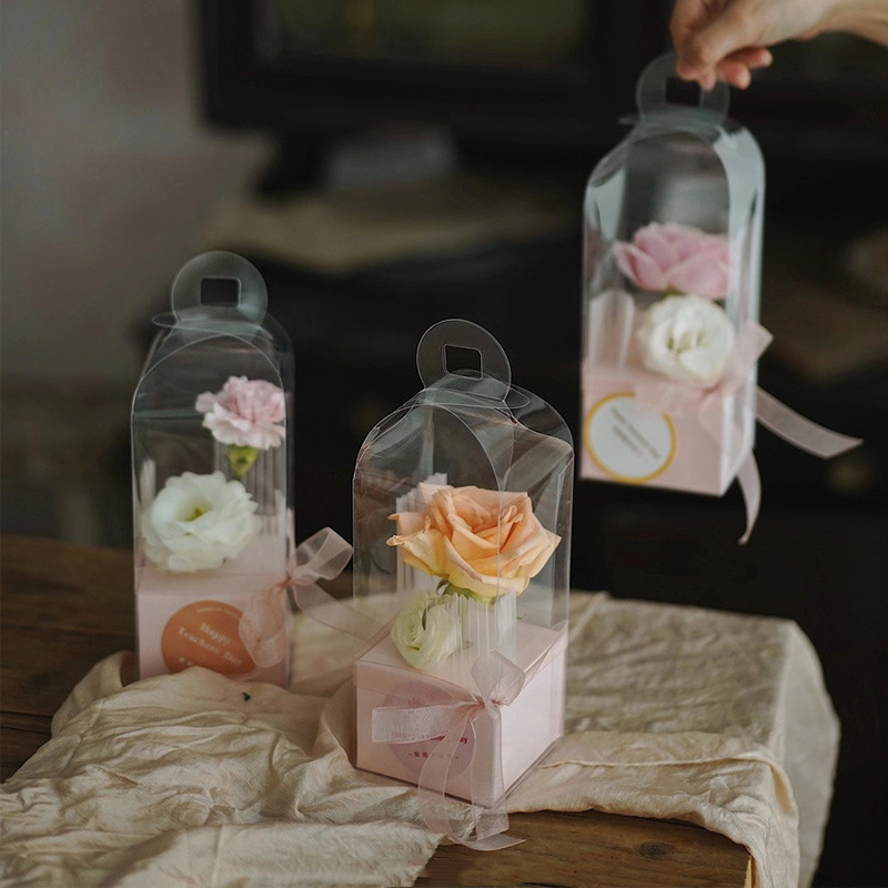 Internet Celebrity Satchel Single Flower Box Transparent Lighthouse Box Handmade Pvc Transparent Bouquet Packaging Box Flower Shop Floral Material