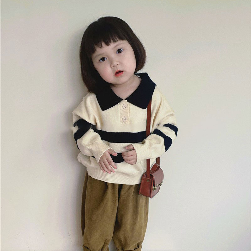 Picture of Spring and Autumn Children's Korean-style All-match Sweater Boys' and Girls' Baby Design Sense Casual Niche Striped Lapel Sweater Trendy