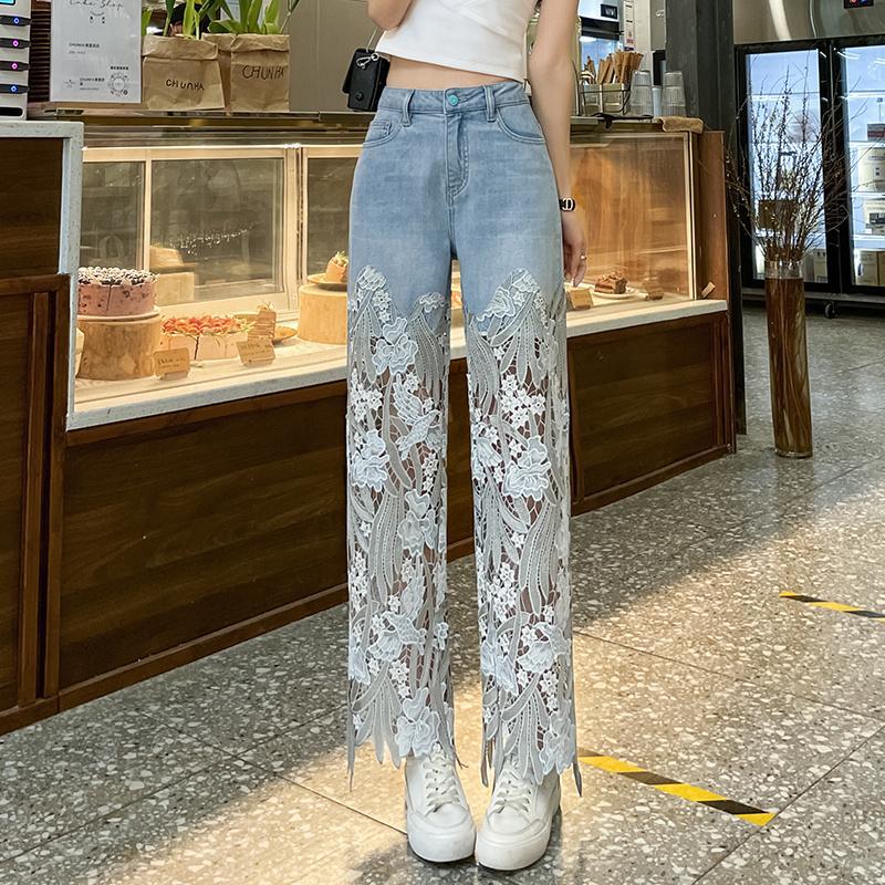 Designed Lace Splicing Niche Jeans for Women 2025 Summer New Straight Slim Retro Style Casual Pants