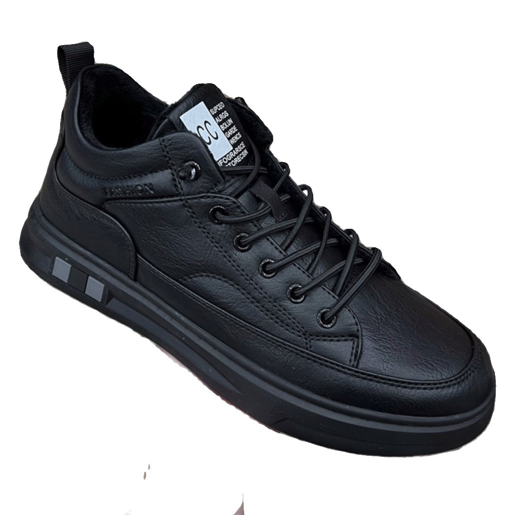 Shoes Men's 2024 New Spring Mid-top Black All-match Black Leather Shoes Instagram Style Trendy Men's Casual Board Shoes