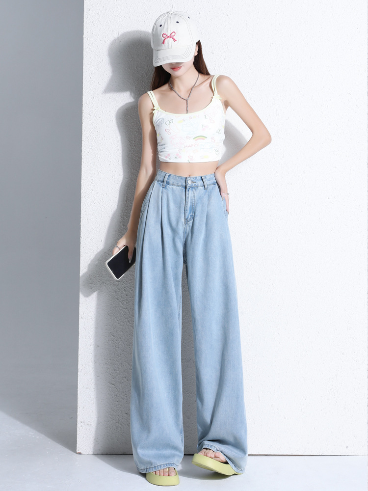 Shascullfites light blue Tencel Jeans Women's New High Waist Loose Dipped Straight Pants