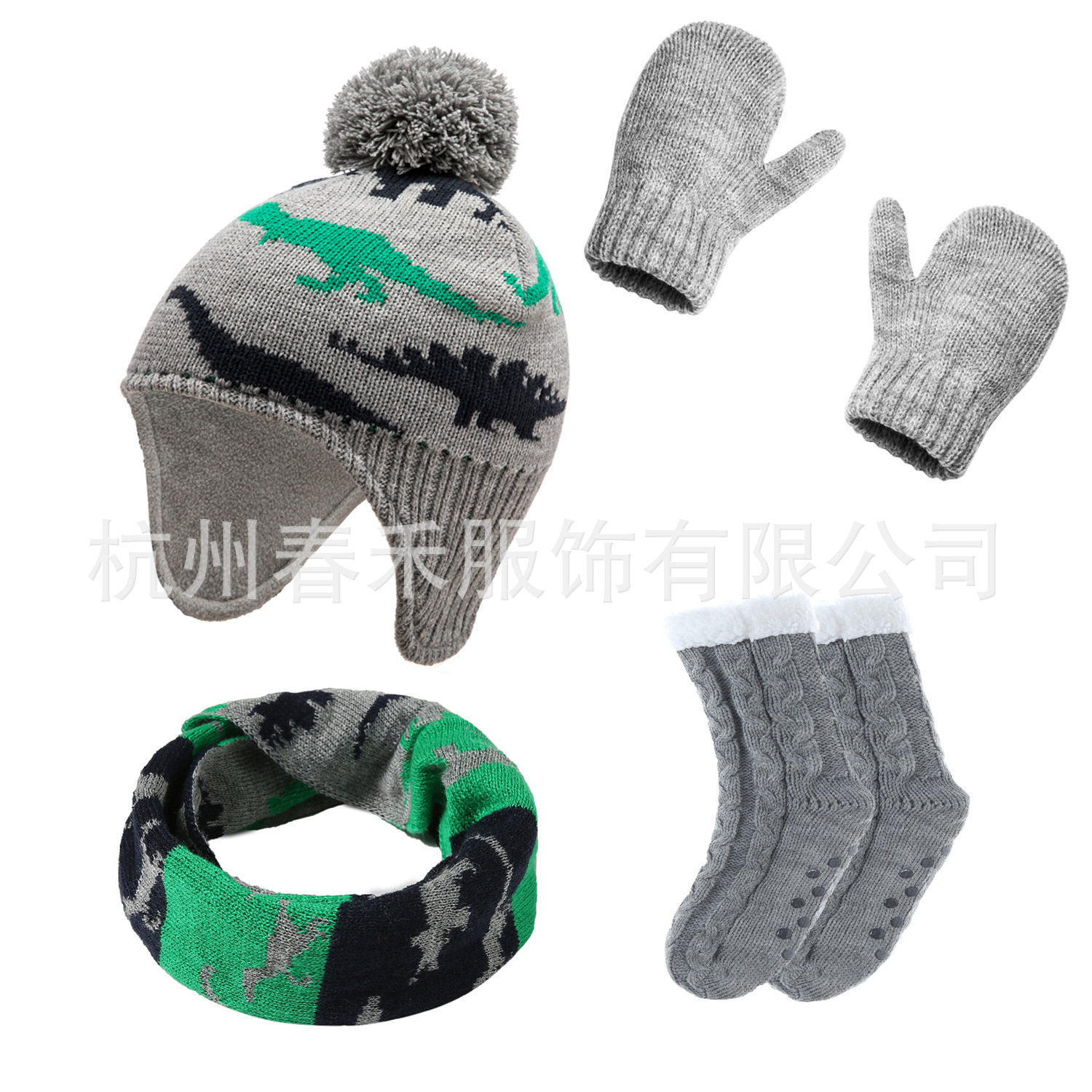 Spot 6-Color Popular Autumn and Winter Cartoon Cute Dinosaur Hat Bag Set for Young Kidsren Knitted Hat Gloves and Scarf 3-Piece Set