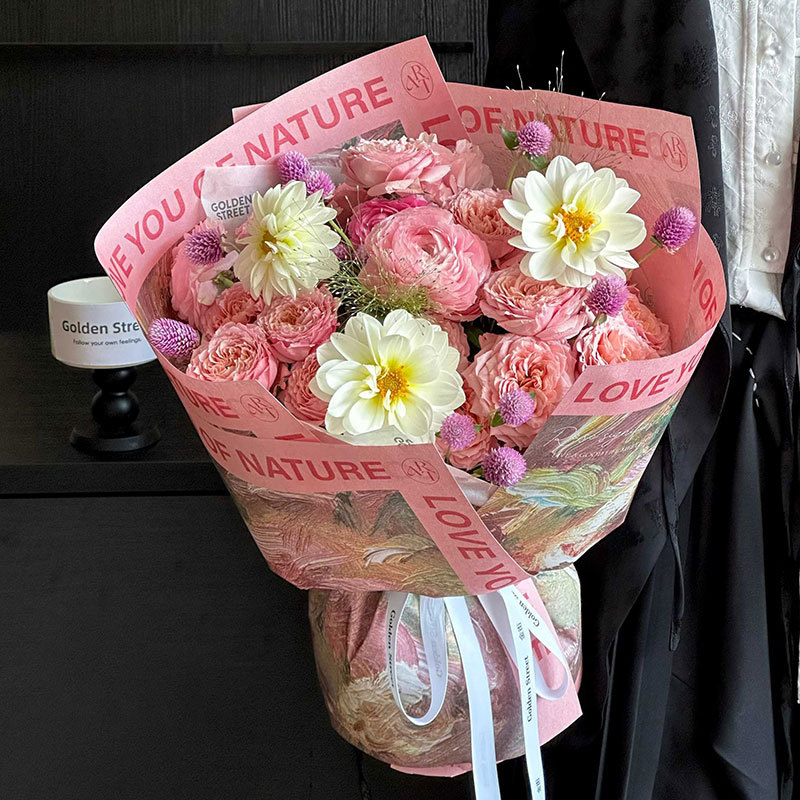 Changyi Wholesale Pastoral Oil Painting Wrapping Paper Rose Flower Print Flower Wrapping Paper Bouquet English Art Paper