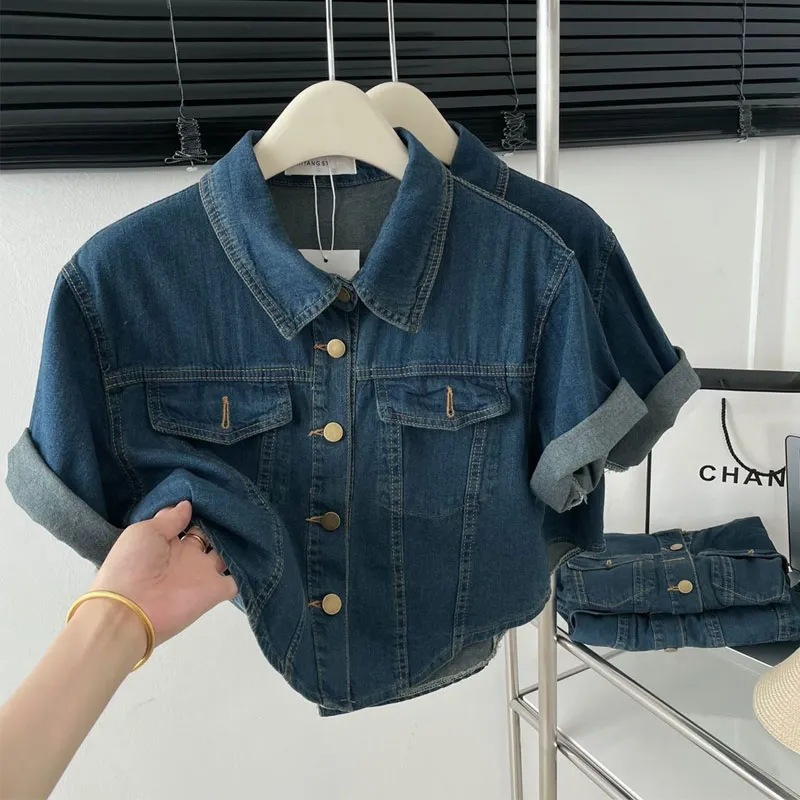 Picture of Denim coat shirt women's short 2024 new summer short sleeve cardigan outer wear plus size Korean fashion top