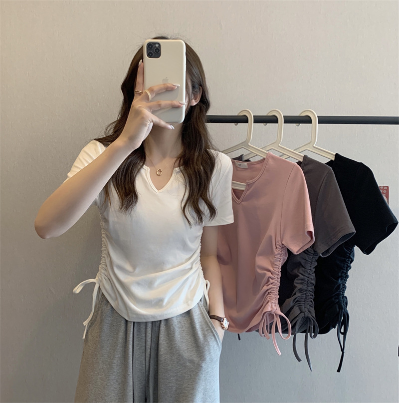 Picture of Designed V-Neck Drawstring Slim-Fit Pure Desire Style Short-Sleeve T-Shirt for Women, 2025 Summer New Solid Color Student Top Trendy