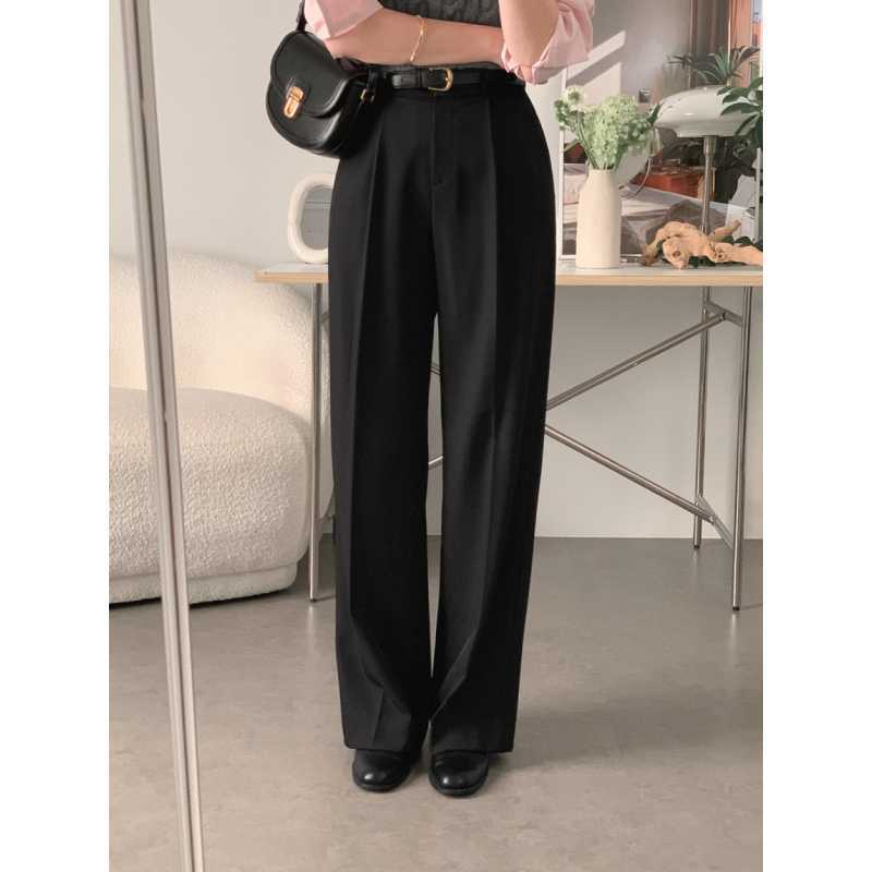 Picture of Simple, niche, commuting, versatile, high-waisted, slimming, double pockets, drape, straight-leg slacks, and suits